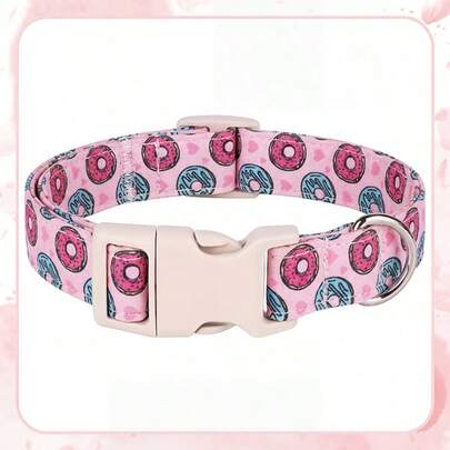 Adjustable Pink & Blue Donut Pattern Pet Dog Collar With Beige Buckle And Silver D-Ring, Cute Dessert Collar Suitable For Small To Medium Dogs