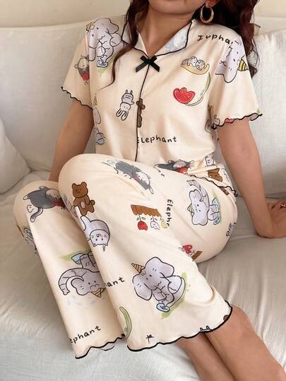 Set de pijamale pentru femei cu decolteu în V și imprimeu de desene animate, top cu mânecă scurtă și pantaloni lungi, set de pijamale drăguț, set de lenjerie de casă pentru femei, set de pijamale casual la modă
