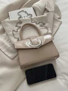 "Elegant Beige Patent Leather Mini Handbag With Crescent Moon Lock, Chain Strap & Top Handle - Perfect For Women's Daily & Party Use" - Khaki - View 2