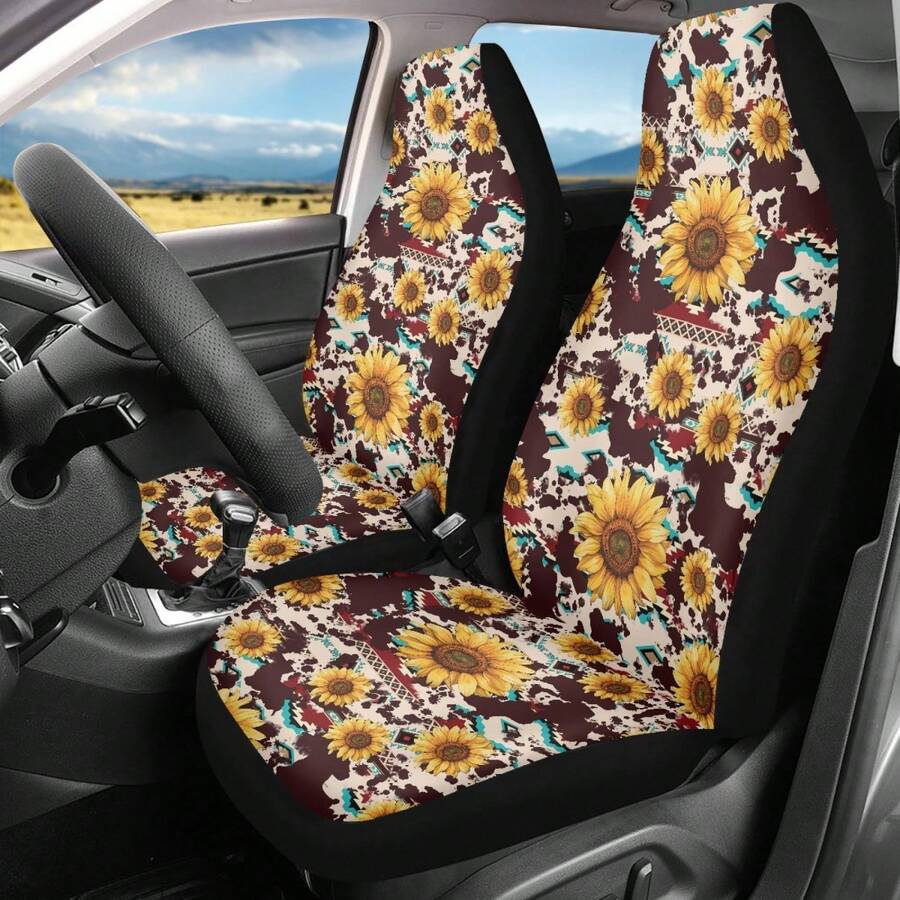 Skull Mushroom Print Car Front Seat Covers,Universal Car Seat Cushion Set,Suitable For Cars, SUVs, And Trucks,Perfect For Holiday Gift Or Special Occasion Present. - 向日葵牛阿茲特克 - 查看 1