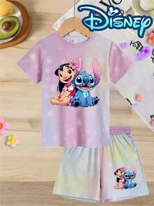 Disney Collaboration Collection, Lilo & Stitch Print Set, Gradient Color Set, Starry Sky  Print Set, Casual Sports Top And Shorts Set, Suitable For Children Ages 4–12, Holiday Gifts, Birthday Gift Sets, Y2K Street Style.D-I-S-N-E-Y Outfits Women.D-I-S-N-E-Y Tshirt.D-I-S-N-E-Y Shirts.Tween Girl Clothes.Summer - Baby Pink - View 2