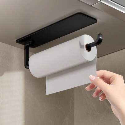 1pc Kitchen Paper Towel Holder, Wall-Mounted Or Self-Adhesive Installation Under Cabinet, With Cling Film Dispenser & Storage Rack, Space-Saving, Stylish Paper Towel Rack, Durable Bracket, Suitable For RV Kitchen And Bathroom