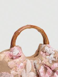 Dedoo 海滨度假包 女士新款刺绣立体贴花亮片花朵粗纺手提包 优雅托特包（图案随机裁剪） - 粉色 - 查看 9