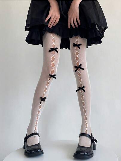 زوج من جوارب شبكية مفرغة مع فيونكة مخملية مربعة مصنوعة يدويًا للنساء، جوارب ضيقة أنيقة وجذابة مناسبة للمناسبات والحفلات والسهرات