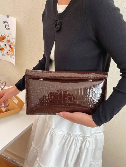 1 pieza Bolso de embrague de mujer con estampado de cocodrilo, elegante bolso de mano para mujer adecuado para uso casual, de negocios, de viaje, fotografía, también un gran regalo para la novia o la madre. Cuenta con bolsillos para la billetera, monedas, teléfono, cosméticos, lápiz labial, auriculares.