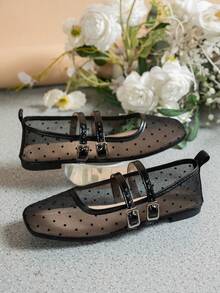 Giày búp bê đế bằng Mary Jane phối ren chấm bi, kiểu dáng rỗng, thoáng khí, thời trang mùa hè, giày lười thoải mái cho nữ, thanh lịch, đa năng, phù hợp đi làm. - Chấm đen - Xem 5