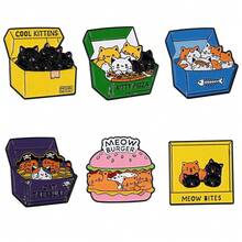 1pc Cute Cat Food Metal Badge, Hamburger Pizza Treasure Box, Creative Cartoon Enamel Brooch Accessory Set - Multicolor - View 1