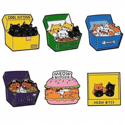 1pc Cute Cat Food Metal Badge, Hamburger Pizza Treasure Box, Creative Cartoon Enamel Brooch Accessory Set