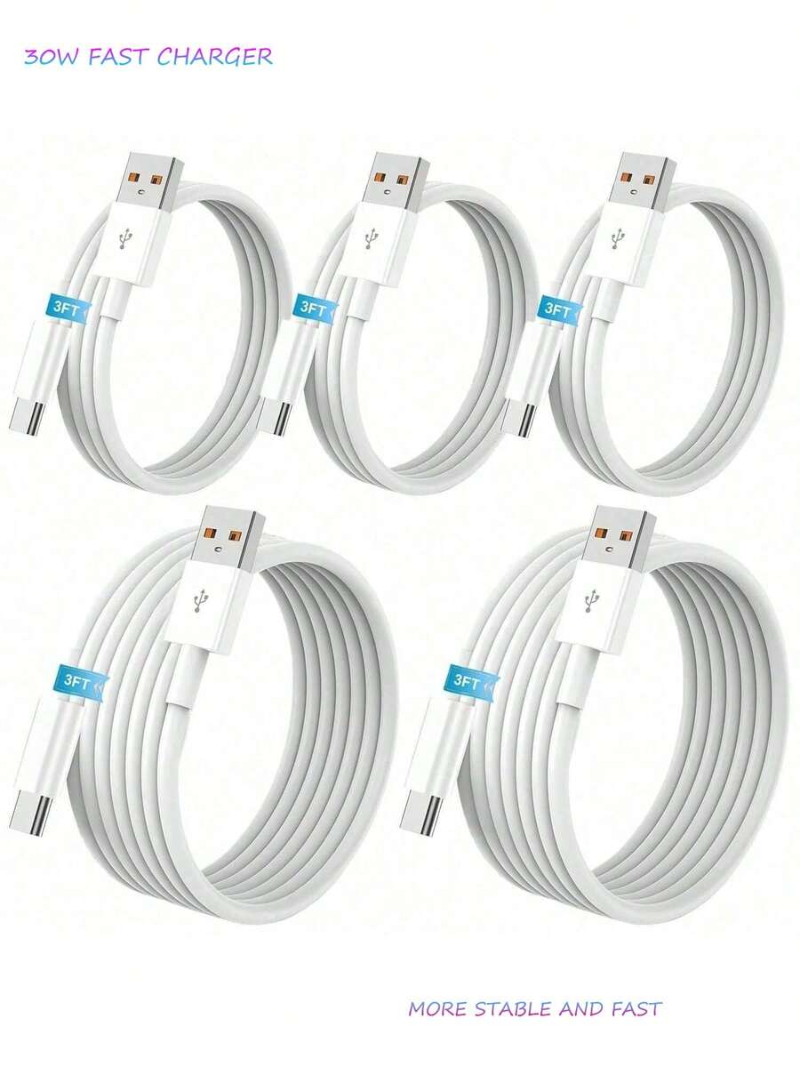 5条装 USB A 转 C 数据线，支持 60W 6A 快充，3 英尺长，兼容 16/15、Galaxy S24/S23/S22/S21/S10、Note 20/10、V50/V40/G8/G7 等机型，耐用数据线 - 白色 - 查看 1