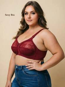 1pc Women's Sheer Lace Nylon Bra, Wireless & Non-Padded With Breathable Sexy Simple European & American Style, Plus Size For Home, Office And Outdoor Wear, Lingerie, Lift - Burgundy - View 5