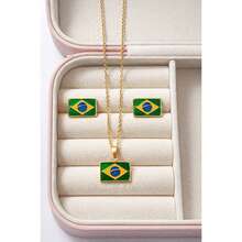 Women's Necklace And Earrings Set - Brazil World Cup Heart And Flag - Gold Plated - 金旗 - 查看 2
