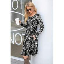 Women Casual Long Sleeve Dresses Empire Waist Knee Length Loose Dress With Pockets - 黑色 - 查看 3