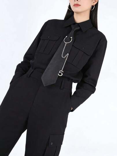 Y2K Punk Number 5 Chain Tie For Women, Pre-Tied Black Skinny Necktie With Metal Ring, Statement Accessory For Party,Festival,Travel