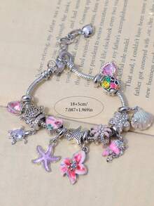 1pc Beach Vacation Style Charm Bracelet, Starfish, Shell, Marine Life Bracelet, Turtle, Coconut Tree Ocean Style Bracelet, Pink Sakura Flower Bracelet - Pink - View 3