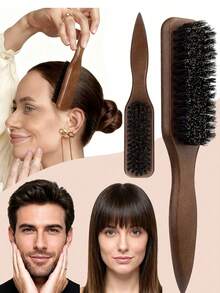 1支男女通用猪鬃顺滑梳,可作胡须刷、防毛躁梳、蓬松木柄梳、解结梳、发际线定型梳、光滑马尾梳 - 配有宽锥形尾梳,方便分缝、造型、抛光和抚平头发,打造无毛躁发型,男女皆宜,推荐作为圣诞礼物 - 棕色 - 查看 5