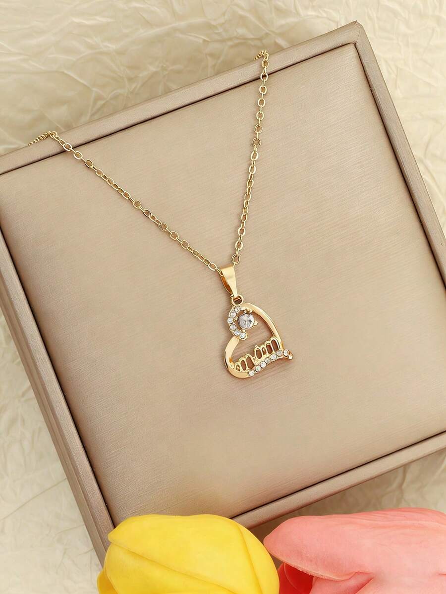 1pc Fashionable Engraved Letter Necklace With Heart Pendant, Gift For Women, Mother's Day Gift - Gold - View 1