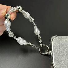 Elegante cordón para teléfono de mujer con rhinestones y perlas falsas, correa de muñeca de moda con llavero, accesorio de diseño sencillo para uso diario - Blanco - Ver 1