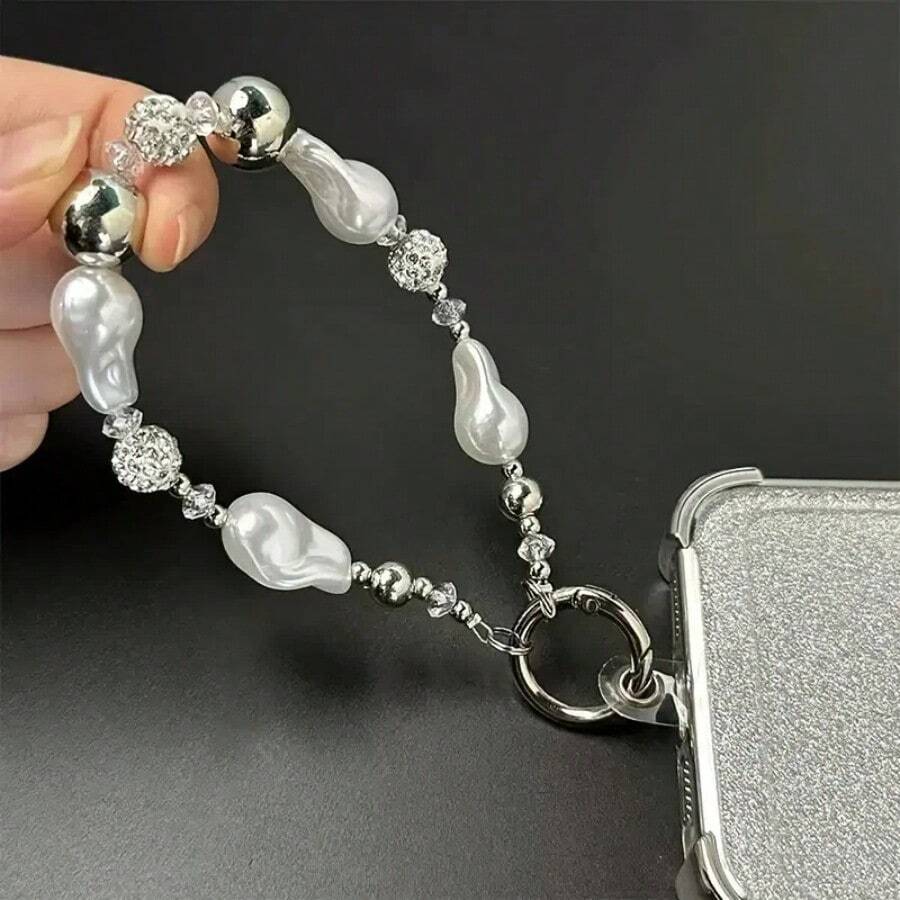 Elegante cordón para teléfono de mujer con rhinestones y perlas falsas, correa de muñeca de moda con llavero, accesorio de diseño sencillo para uso diario - Blanco - Ver 1