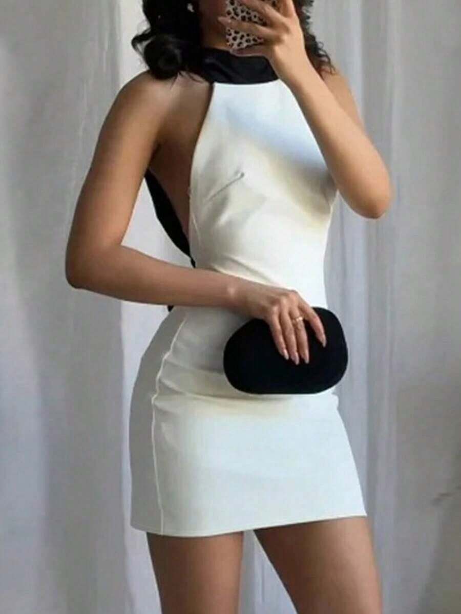 Women's Sweet & Black Bow White Backless Bodycon Dress, Contrast Color Woven Fabric, Summer Party Elegant - trắng - Xem 1
