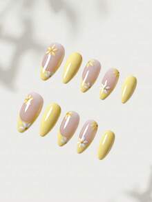 10pcs Handmade Adhesive False Nails, Pastel Yellow French Manicure, Hand-Painted Small Daisy, Pink Tie Dye, Sky Blue Water Wave, 3D Floral, Star Pattern, Suitable For Daily Wear, Dates, Travels, Best Gift For Fashionable Women And Beauty Lovers - Yellow - View 2