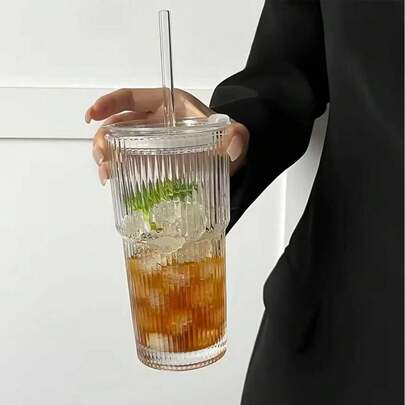 1 Set Striped Glass Cup With Straw And Lid, Portable Minimalist Style Water Bottle, Vertical Striped Glass Cup, Reusable High-Quality Coffee And Juice Cup, Multifunctional Beverage Container, Suitable For Home, Office, Beach, Various Parties, Suitable For Coffee, Tea, Whiskey, Milk, Iced And Latte