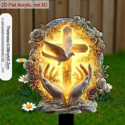 1个2D亚克力花园标牌 | 装饰性尖底底座，图案包含手、鸽子、十字架和玫瑰，装饰艺术风格，适用于庭院和花盆，非常适合户外使用和草坪装饰