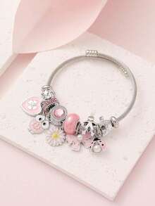 1 chiếc vòng tay bằng thép không gỉ đính hạt hình cú mèo, hoa cúc, nơ, bọ rùa và trái tim dễ thương, vòng tay DIY hình trái tim và ngôi sao sáng tạo, phù hợp cho nữ, dự tiệc, đeo hàng ngày, quà tặng ngày lễ. - Nhiều màu - Xem 11