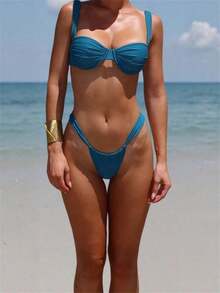 Women's Solid Color 2 Piece Bikini Set Ruched Bra Top With Elastic Thong Swimwear Summer Beachwear Bathing Suit - Royal Blue - View 1