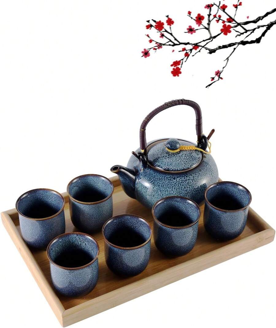 Dujust Japanese Tea Set, Cyan-Blue Porcelain Tea Set With 1 Teapot, 6 Tea Cups, 1 Tea Tray, 1 Stainless Steel Infuser, Asian Tea Set For Tea Lovers - Light Blue - View 1