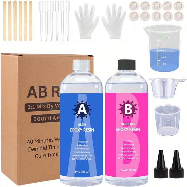 1 Set Kit de Resina Epoxi - 100/500/1000ml, Nueva Fórmula de Resina Epoxi Cristal Transparente, Durable, Sin Burbujas, Anti-Amarillamiento, Apto para Moldeado, DIY, Arte en Resina, Moldes, Joyería, Mezcla Fácil 1:1 por Volumen