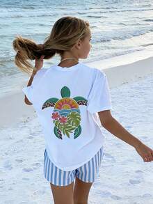 1pc Tween Girls' Sea Turtle Print Short Sleeve T-Shirt, Student Youth Apparel, Summer Top Prepared For Girls To Play - White - View 3