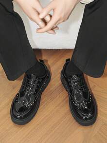 Men's Vintage Thick-Sole Elevator Shoes, Dark Wrinkled Lace-Up Derby Formal Shoes, Platform Work Casual Sneakers, Street Fashion Essential - Black - View 3