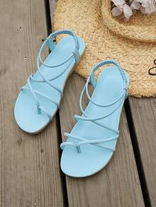 2025 Women's Summer New Elegant Comfortable Striped Vacation Plus Size Flat Sandals, Blue - Baby Blue - View 2