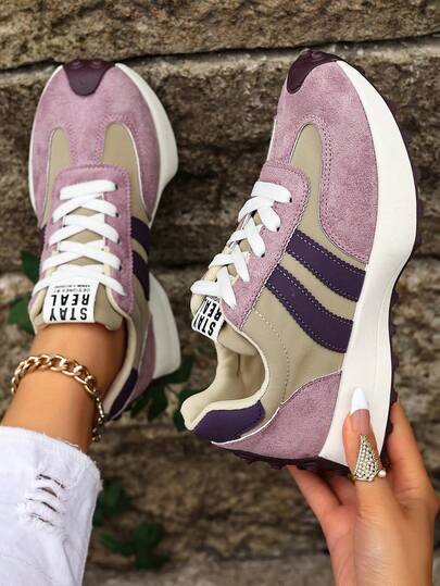 Zapatos deportivos morados Deseq talla grande para mujer, zapatos escolares para estudiantes, tenis gruesos de patchwork, tenis de moda, zapatos casuales de cordones planos, zapatos deportivos cómodos y antideslizantes