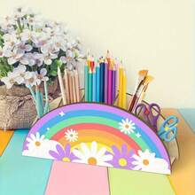 1pc Colorful Rainbow Flower Wooden Desktop Storage Box, Compact Multi-Function Pen Holder Suitable For Pens, Pencils, Phones And Makeup Brushes, Vivid Soft Color Design, Perfect For Office And Home Organization, Office Desk Accessory - Multicolor - View 3