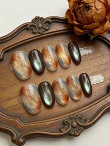 10 miếng dán móng tay thủ công, móng giả mắt mèo màu hổ phách sang trọng kiểu Nhật Bản, miếng dán nghệ thuật móng tay cao cấp có thể tái sử dụng dành cho nữ. - Nhiều màu - Xem 10