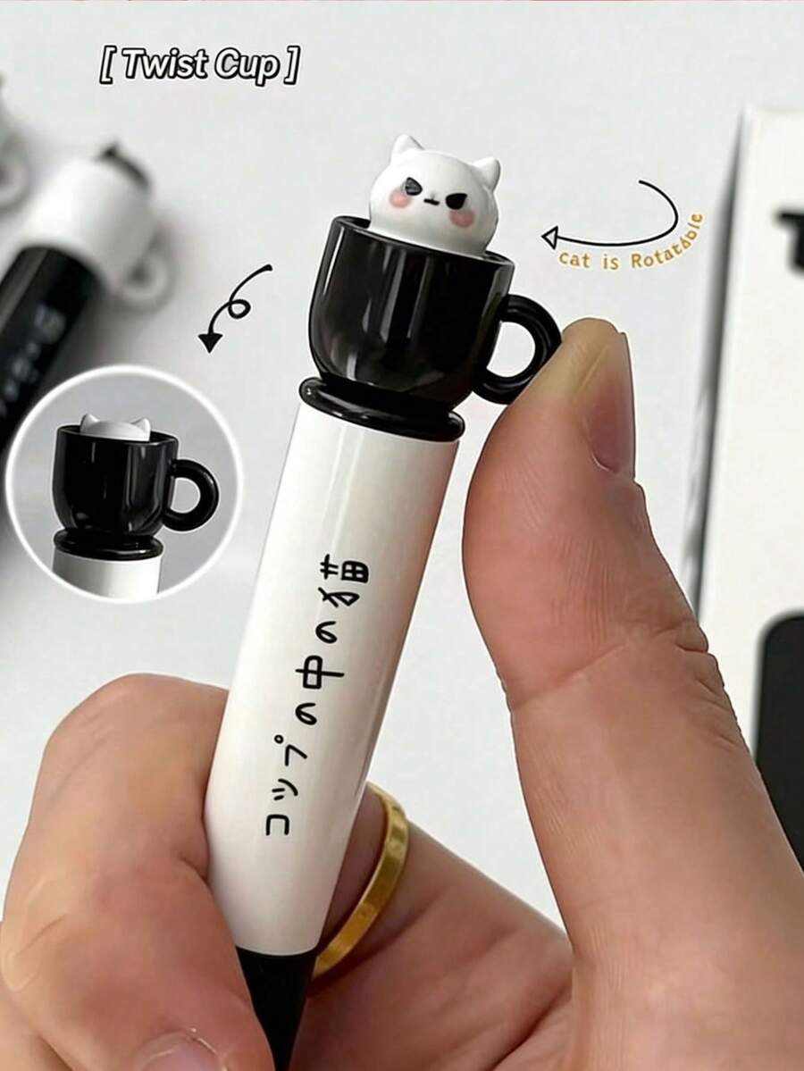 1支猫咪造型茶杯笔,创意旋转杯书写笔,0.5毫米,速干黑色笔芯,趣味放松旋转笔芯,硅胶笔套,ST速干,0.5毫米毛笔型黑色笔,办公用品,返校季,节日礼物 - 多色 - 查看 1