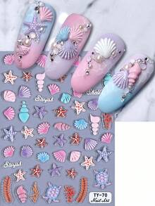 1pc Summer Ocean World Nail Stickers, 5D Embossed Seashell Underwater Creatures Nail Art Decals, Suitable For Personal DIY And Nail Salon Use - 彩色 - 查看 7