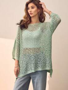 Áo len chui đầu dáng rộng casual màu trơn size lớn, áo dệt kim nữ size lớn thiết kế rỗng thời trang thanh lịch, mặc đi chơi, nghỉ dưỡng mùa hè - Xanh nhạt - Xem 2