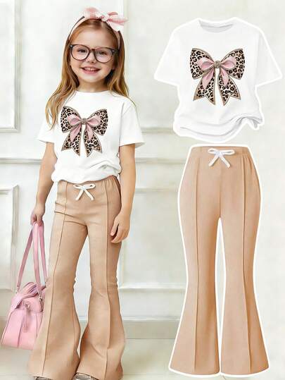 Toddler Girls' Bow Graphic Print Round Neck Short Sleeve Top And Flare Pants Set