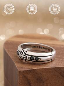 1pc S925 Sterling Silver Vintage Hollow Cross Faith Ring, Couple Rings With Black Zirconia "Forever Love" Engraved, Daily Wear, Gift Box Included - Couple Cross - View 5