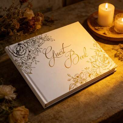 1本白色箔纸婚礼宾客签名册，婚礼派对装饰笔记本，周年纪念剪贴簿，空白页，DIY纪念相册，适用于婚礼招待会、主题派对、生日、新娘送礼会和特殊活动的宾客签名册
