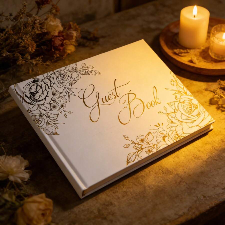 1pc White Foil Wedding Guest Book, Wedding Party Decoration Notebook, Anniversary Scrapbook, Blank Pages, DIY Memory Photo Album, Suitable For Wedding Reception, Theme Party, Birthday, Bridal Shower And Special Events Guest Book - White With Gold Foil Stamping - View 1