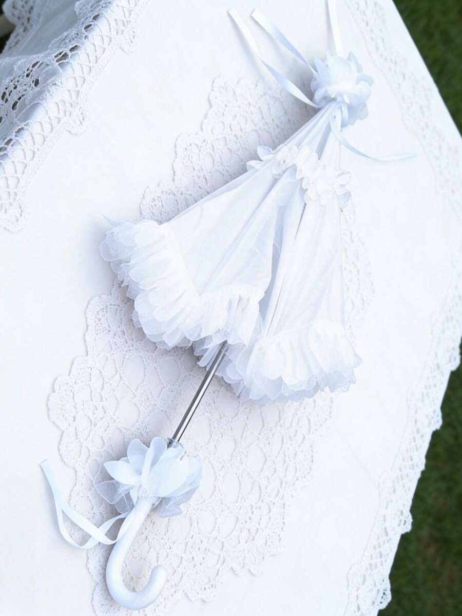 1把女士洛丽塔蕾丝边白色蕾丝阳伞，新娘婚礼伞 - 白色 - 查看 1