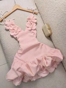 Valentine's Day Party Cocktail Dress, Puff Dress, 3D Floral Strap Mini Dress Summer Elegant - 淺粉色 - 查看 2