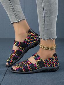 Sandalias planas casuales cómodas y transpirables con diseño de punta abierta, banda elástica hueca de moda, suela antideslizante, versátiles para uso deportivo o laboral, zapatos tejidos a mano para mujer - negro colorido - Ver 3