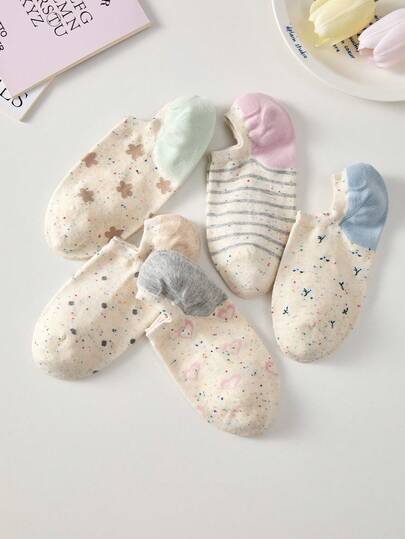 5 đôi tất nữ họa tiết trái tim, sọc, chấm bi, hoa lá, thoáng khí, kiểu dáng thường ngày, chống trơn trượt, phù hợp cho mọi mùa.