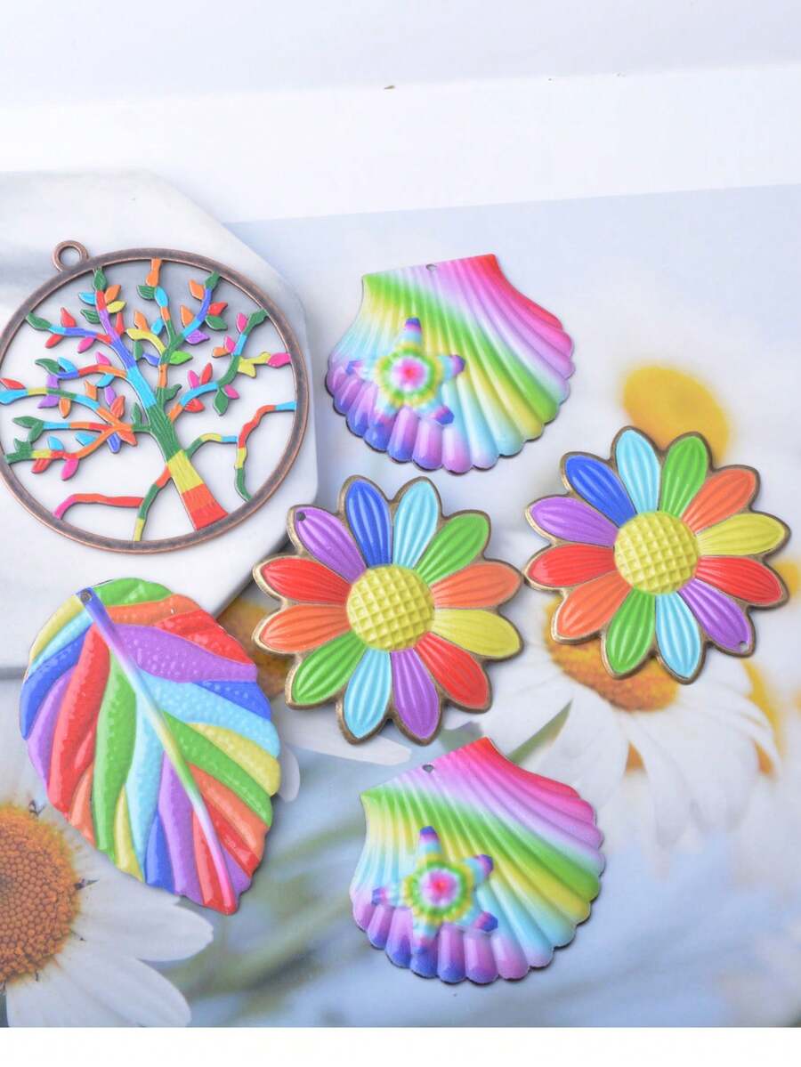 8pcs Boho Colorful Enamel Charms Set, Including Sun Flower, Tree Of Life, Leaf, Shell, Rainbow Color Earring Pendants - Large Earrings Pendant - View 1