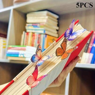 5个/套 3D蝴蝶书签（含留言卡） - 加厚纸张 - 适用于书籍、计划本、日记本 - 送给学生、教师、爱书人士的可爱礼物 - 5种随机颜色