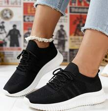 Minimalist Lace Up Decor Knit Running Shoes - màu đen - Xem 1